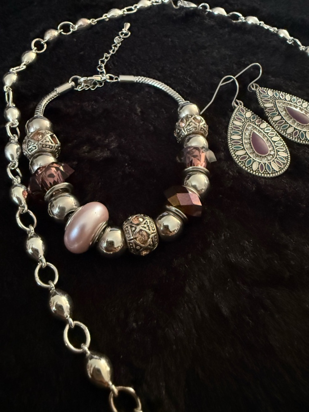 Vintage Purple Silver Tone Jewelry Set Teardrop Earrings Necklace Charm Bracelet - Picture 4 of 6